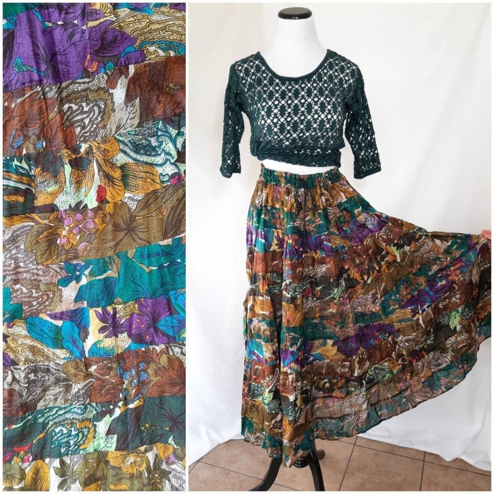 Vtg Green Stripe Floral Indian Cotton Gauze Crinkle Midi Skirt